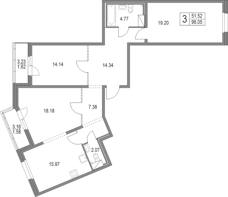 3-комнатная квартира 96.05 м², 3/19 эт., ЖК «Приморский квартал»